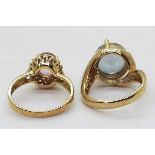 784 - A 9ct gold mermaid mystic topaz and diamond ring, size N1/2, and a 9ct gold flamingo topaz ring, siz... 