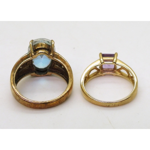 785 - A 9ct gold mermaid topaz ring, size O, together with a 9ct gold amethyst ring, size N, weight 9.2gms