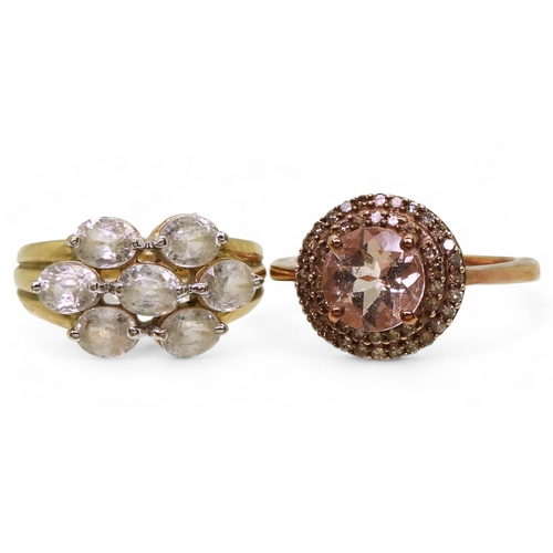 787 - A 9ct gold morganite and pink diamond ring size Q, and a clear zircon cluster ring, size N1/2, weigh... 