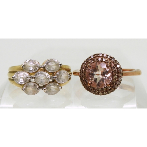 787 - A 9ct gold morganite and pink diamond ring size Q, and a clear zircon cluster ring, size N1/2, weigh... 