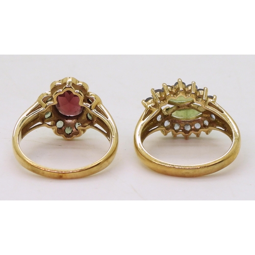 788 - A 9ct gold garnet and green gem cluster ring, size N1/2, and a peridot and purple gem ring, size N1/... 