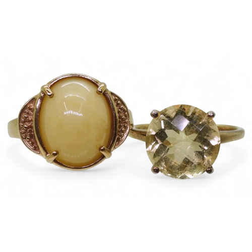 793 - A 9ct gold GemsTV yellow jade ring, size O, weight 5.9gms together with a gold plated silver citrine... 