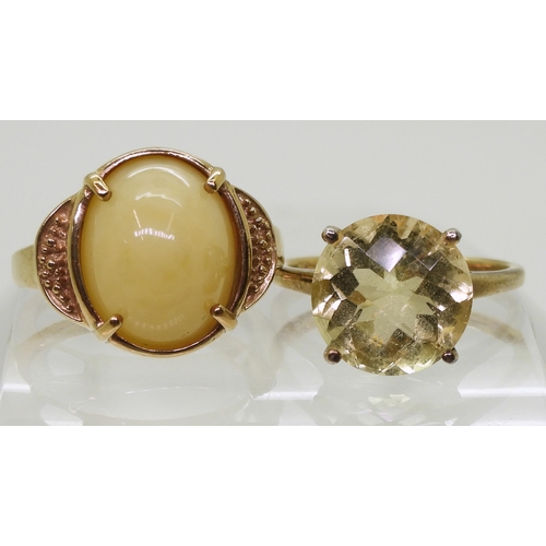 793 - A 9ct gold GemsTV yellow jade ring, size O, weight 5.9gms together with a gold plated silver citrine... 