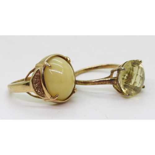 793 - A 9ct gold GemsTV yellow jade ring, size O, weight 5.9gms together with a gold plated silver citrine... 