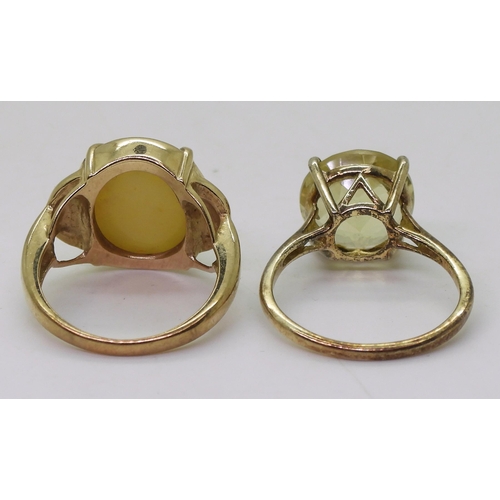 793 - A 9ct gold GemsTV yellow jade ring, size O, weight 5.9gms together with a gold plated silver citrine... 