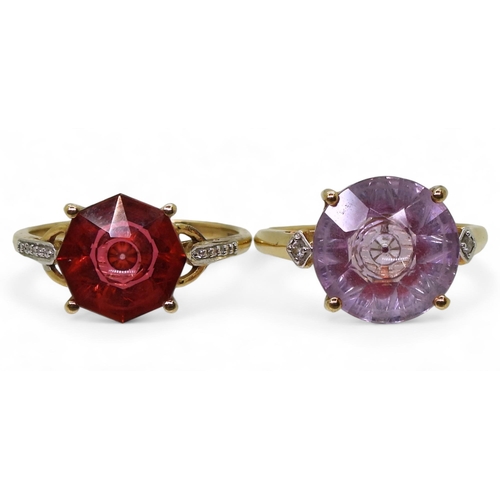 794 - Two 9ct rings by Glen Lehrer, an amethyst and diamond, size P1/2, together with a garnet and diamond... 