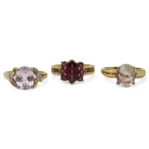 795 - Three 9ct gold GemsTV rings, garnet cluster size O, kunzite and diamond size N1/2, and a clear gem r... 