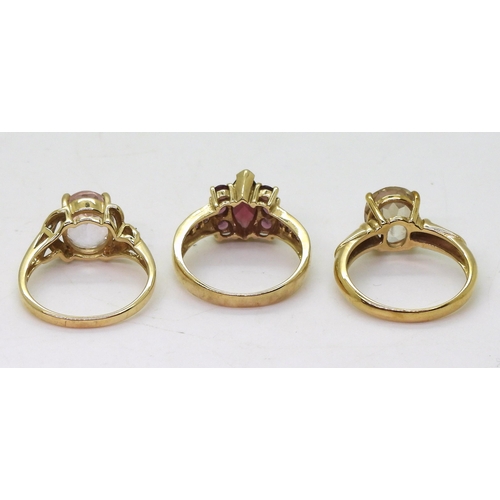 795 - Three 9ct gold GemsTV rings, garnet cluster size O, kunzite and diamond size N1/2, and a clear gem r... 