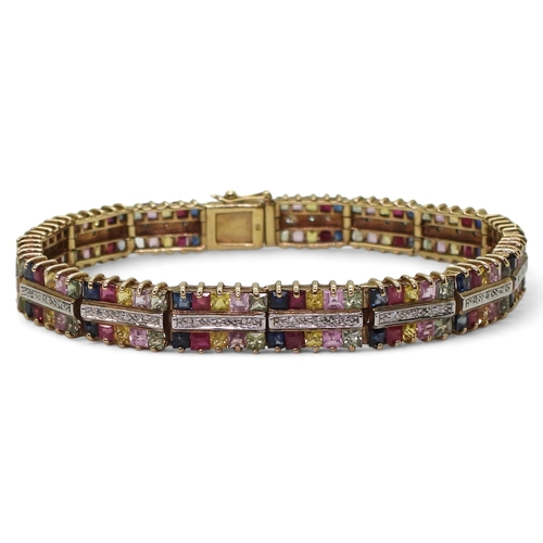 798 - A 9ct gold mixed colour sapphire bracelet with diamond accents, length 18.8cm, weight 20.5gms