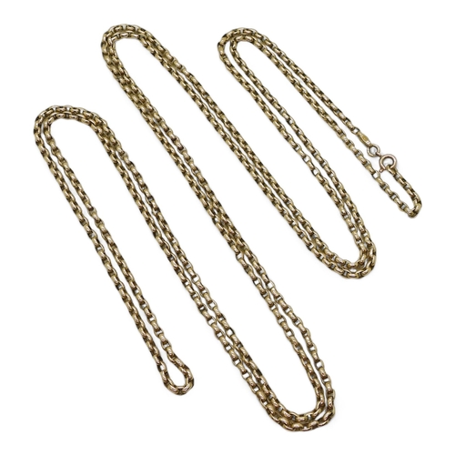 801 - A 9ct gold belcher guard chain, with soldered on tag to the chain stamped 9ct, length 170cm, weight ... 