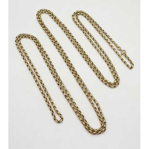 801 - A 9ct gold belcher guard chain, with soldered on tag to the chain stamped 9ct, length 170cm, weight ... 