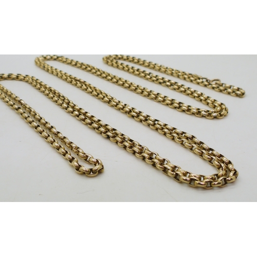 801 - A 9ct gold belcher guard chain, with soldered on tag to the chain stamped 9ct, length 170cm, weight ... 