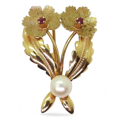 802 - An 18ct gold ruby and pearl brooch, length 3.5cm, weight 5.3gms