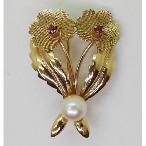 802 - An 18ct gold ruby and pearl brooch, length 3.5cm, weight 5.3gms