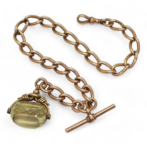 804 - A 9ct rose gold fob chain, hallmarked to every link, the clasp and the 'T' bar, with an attached wel... 