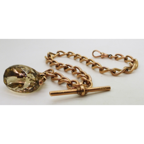 804 - A 9ct rose gold fob chain, hallmarked to every link, the clasp and the 'T' bar, with an attached wel... 