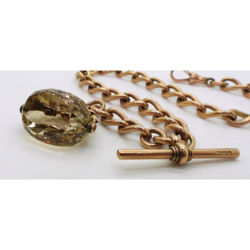 804 - A 9ct rose gold fob chain, hallmarked to every link, the clasp and the 'T' bar, with an attached wel... 