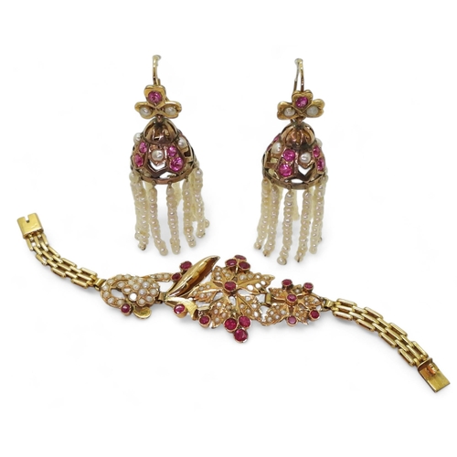 807 - A bright yellow metal Indian bracelet set with pearls and synthetic ruby gems, together with a pair ... 