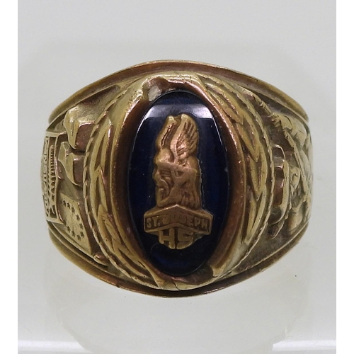 814 - A 10k gold Jostens brand American college ring for St. Joseph's High School, 1977, size U1/2, weight... 