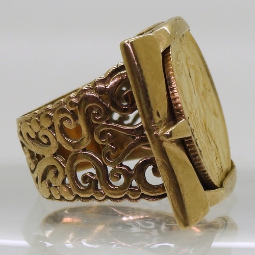 820 - A 1914 gold half sovereign in an unusual 9ct gold filigree buckle design ring mount, size Q1/2, weig... 