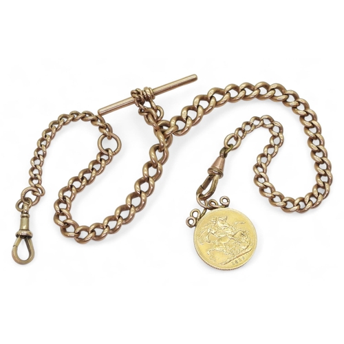 829 - A 9ct rose gold fob chain with attached 1913 full gold sovereign with soldered on yellow metal penda... 