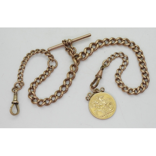 829 - A 9ct rose gold fob chain with attached 1913 full gold sovereign with soldered on yellow metal penda... 