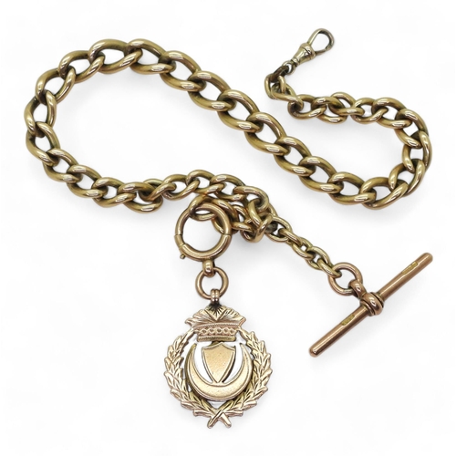 830 - A yellow metal tapered fob chain, with attached 9ct medallion, and 9ct rose gold 'T' bar, length 30c... 