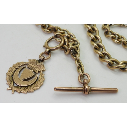 830 - A yellow metal tapered fob chain, with attached 9ct medallion, and 9ct rose gold 'T' bar, length 30c... 