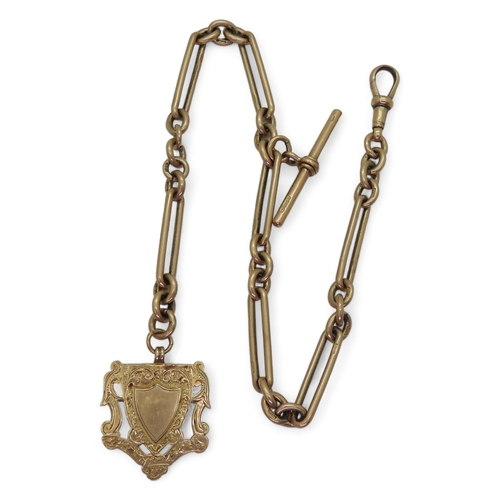 836 - A 9ct rose gold fancy link double fob chain, hallmarked to every link, clasp and 'T' bar, with attac... 