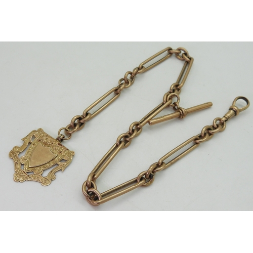 836 - A 9ct rose gold fancy link double fob chain, hallmarked to every link, clasp and 'T' bar, with attac... 