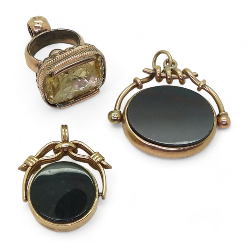 840 - A 9ct bloodstone/carnelian fob with strap design mount, weight 8.8gms, A 9ct gold bloodstone fob, gi... 