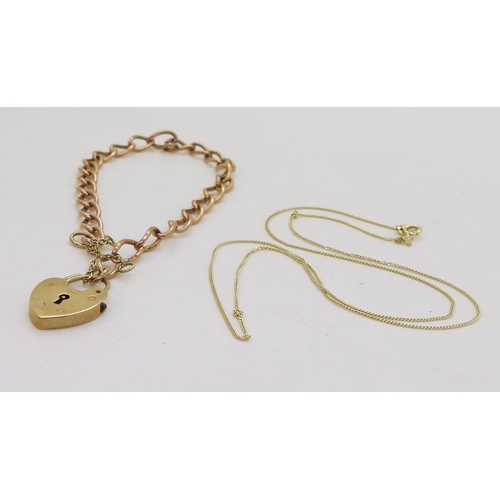 844 - A 9ct rose gold curb link bracelet with a yellow 9ct gold heart shaped clasp, and a 9k gold fine cur... 