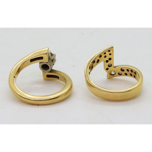 856 - A pair of bright yellow metal and diamond matching zig zag pattern rings, a solitaire of estimated 0... 