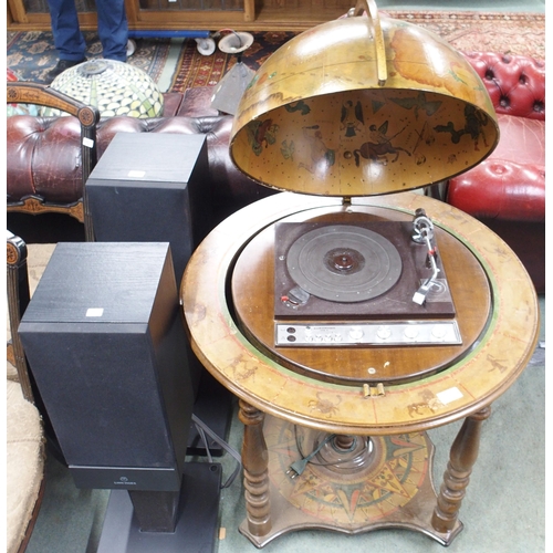 100 - A 20th century drinks globe converted to a stereo turntable with Europhon turntable and a pair of Li... 