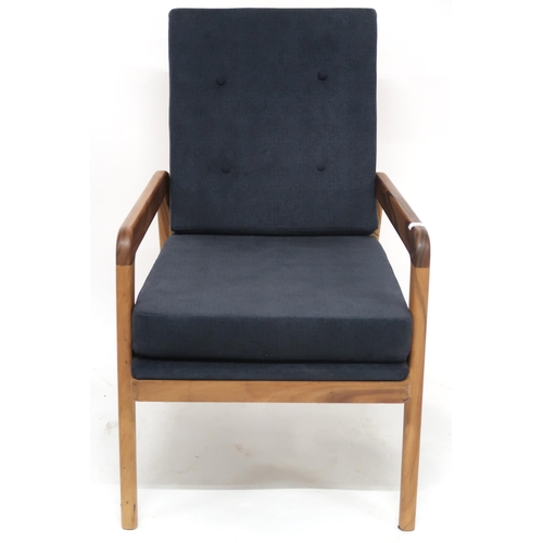 112 - A 20th century teak Scandinavian style lounge chair with slatted back with buttoned velour cushions ... 