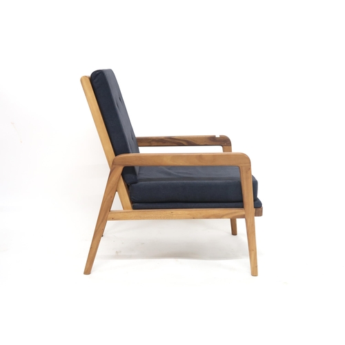 112 - A 20th century teak Scandinavian style lounge chair with slatted back with buttoned velour cushions ... 