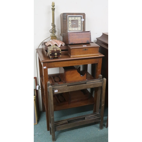 114 - A lot comprising oak three tier table, three oak trays, brass table lamp, mantle clock, three assort... 