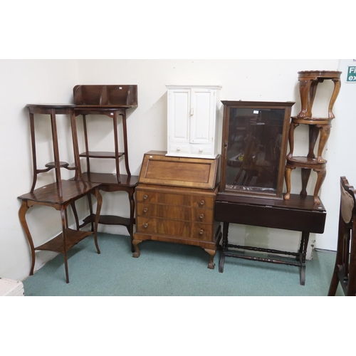 117 - A lot comprising mahogany writing bureau, drop leaf table, three carved Indonesian style tables, gla... 