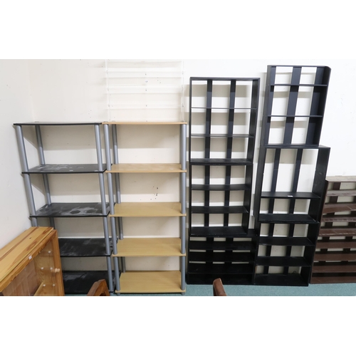 123 - A large lot of assorted shelves to include six contemporary brown wall shelves, six black contempora... 