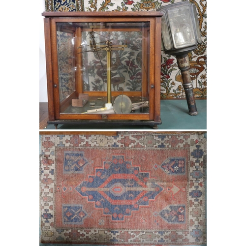 126 - A lot comprising a mahogany cased set scientific scales, Victorian coach lamp and a terracotta groun... 