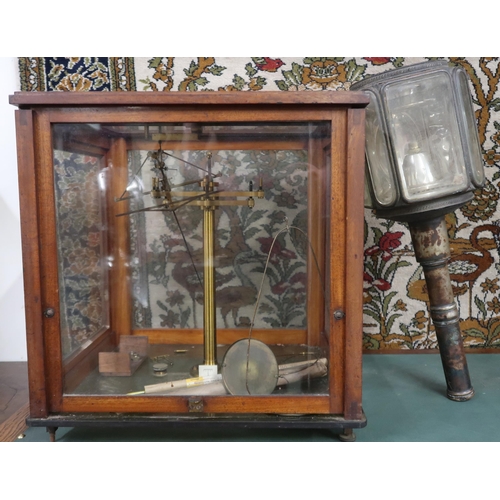 126 - A lot comprising a mahogany cased set scientific scales, Victorian coach lamp and a terracotta groun... 