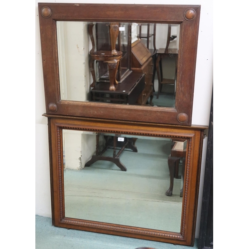 127 - A lot comprising a 20th century oak bevelled glass overmantle mirror, 88cm high x 108cm wide and ano... 