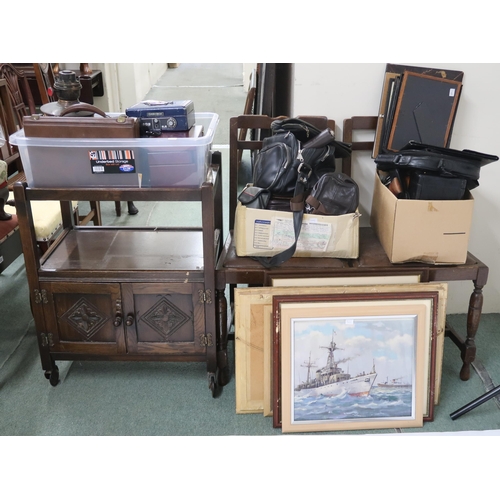 130 - A lot comprising pair of oak chairs, oak trolley, assorted framed prints and three boxes of assorted... 