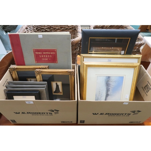 131 - A lot comprising two boxes of assorted framed prints, watercolours etc and a Thomas Shotter Boys, Lo... 