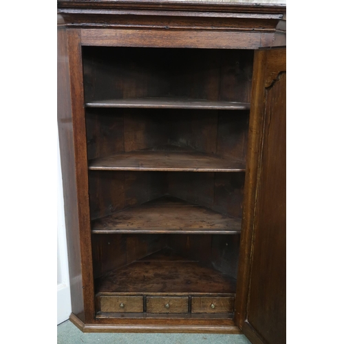 135 - A 19th century oak hanging corner cabinet with single panel door, 109cm high x 79cm wide 