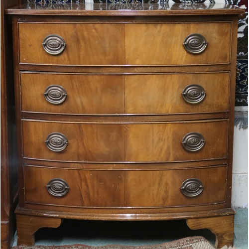 137 - A 20th century mahogany bowfront chest of four drawers on bracket feet, 81cm high x 76cm wide x 51cm... 