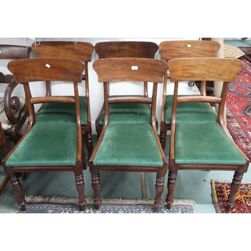 138 - A set of six 19th century walnut sabre legged dining chairs on turned front supports (6)