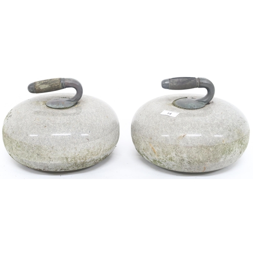 14 - A pair of 19th century Scottish curling stones with steel and wood handles on granite stones most li... 