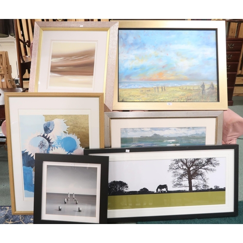 142 - A lot comprising six framed artworks to include, J Shaw print, J MacLouchlan Milne print and oil on ... 