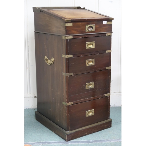 15 - A late 19th/early 20th century brass bound campaign style tall davenport writing desk with sliding t... 